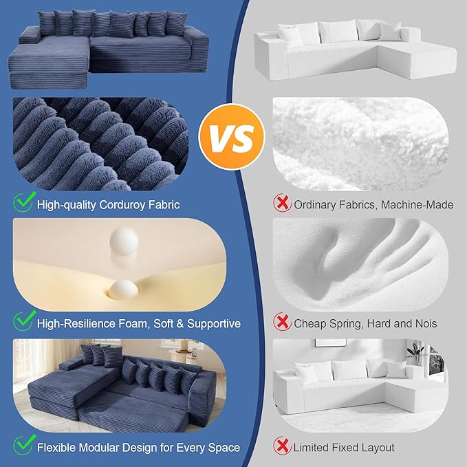 110'' Oversize Cloud Sectional Couches for Living Room Convertible Sleeper Sofa Bed Big Comfy Couch with 2 Side Pockets &amp 8 Pillows Corduroy Free-Combined (Blue 110 -Left Facing Chaise)