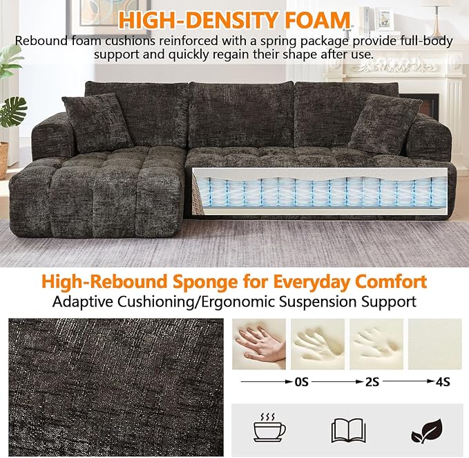 Luxury 108 L Shape Boneless Couches for Living Room Chenille Modular Sectional Cloud Sofa Couch W/Deep Seat &amp Pillows Memory Foam Couch W/Oversized Chaise (Brown Left Facing Chaise)