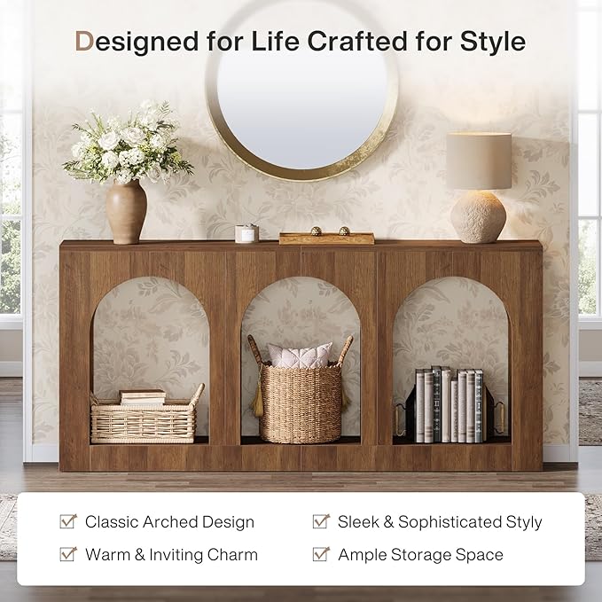 Tribesigns 70.9 Console Table with Storage Wood Entryway Entry Table with 3 Arched Shelves for Foyer Hallway Living Room Behind Couch Sofa Narrow Long Brown