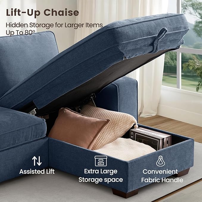 PARKOL 99 L-Shaped Sectional Couch with Storage Sofa with Reversible Chaise USB Type-C Charging Chenille Fabric Removable Cushion Covers for Small Space Apartment Living Room Blue