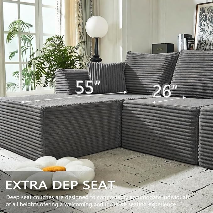 U Shaped Modular Sectional Couches for Living Room 130 Cloud Modular Sectional Sofa Chaise Fluffy Corduroy Couch with Deep Seat for Bedroom No Assembly RequiredBlack