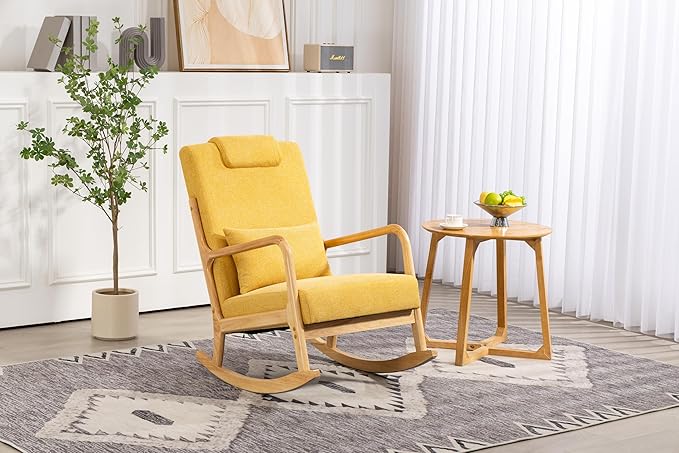 Rocking Chair Upholstered Fabric Rocking Armchair Indoor with High Backrest Glider Chairs and Lumbar Pillow for Living Room