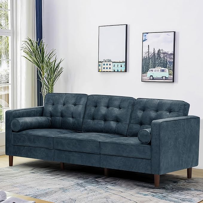 84 Suede Leather Sofa with 2 Soft Pillows Tufted Modern Sofa with Sturdy Wooden Legs 3 Seats Couch for Living Room Office Bedroom Blue