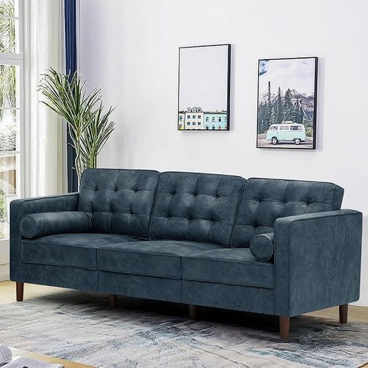 84 Suede Leather Sofa with 2 Soft Pillows Tufted Modern Sofa with Sturdy Wooden Legs 3 Seats Couch for Living Room Office Bedroom Blue
