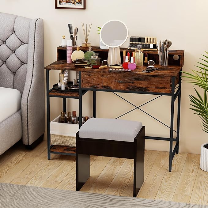 Tangkula Small Computer Desk with Power Outlets 42 Writing Desk with Hutch Drawer &amp 2 Open Shelves Gaming Table with Heavy-Duty Metal Frame for Home Office (Rustic Brown)