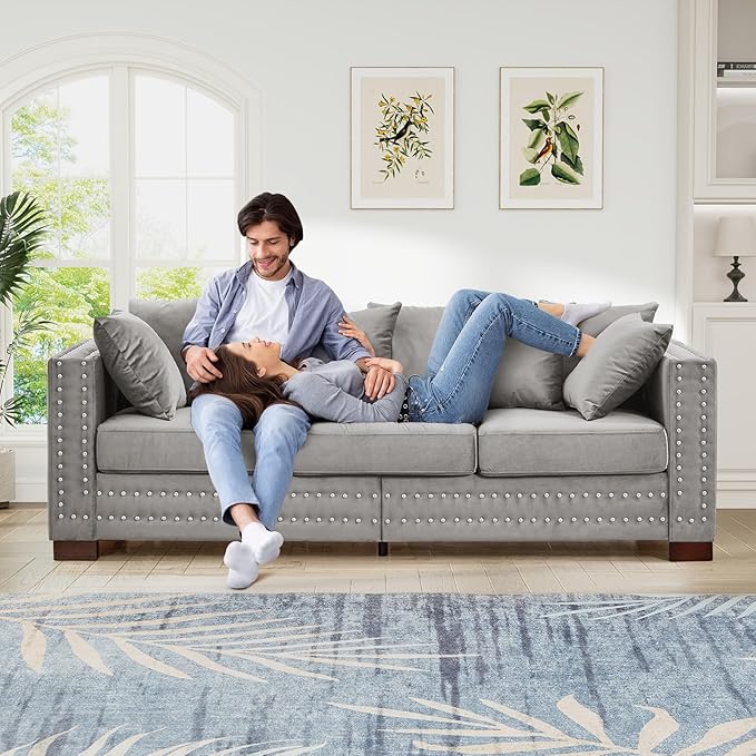 84.5W Mid Century Modern Couch with Storage Upholstered Velvet Sofa Deep Seat Chesterfield Couch with Nailhead Trim &amp Pillows 3-Seat Comfy Sofa for Living Room Bedroom Apartment Office(Grey