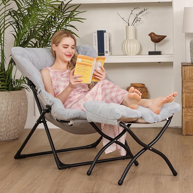 Comfy Saucer Chair for Adults Soft Faux Fur Bedroom Chair with Ottoman Accent Dorm Chairs Living Room Reading Chairs and Footstool Folding Seat for Teens X-Large Grey