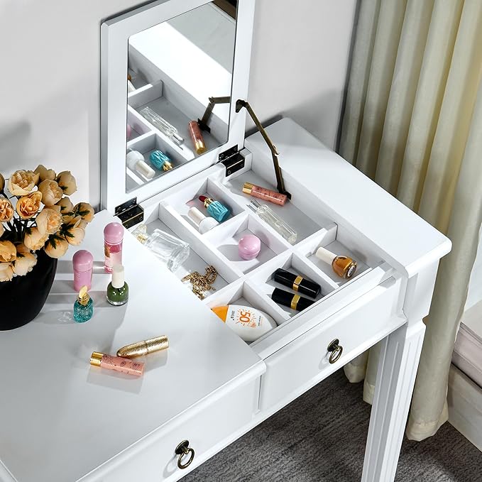 PADMA HOUSE Flip Top Wood Makeup Vanity Desk with Mirror Small Dressing Table with Two Drawers Flip-up Wooden Writing Desk Secretary Table in White for Bedroom Living Room