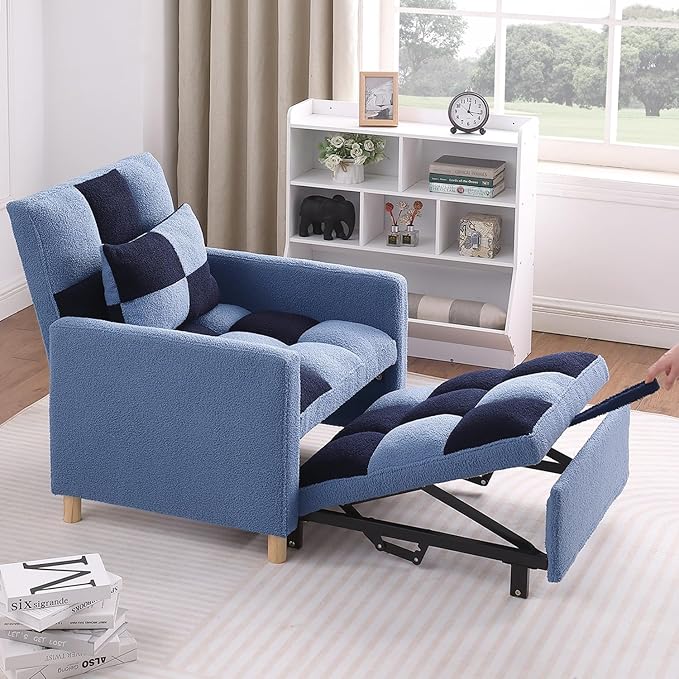 Sleeper Chair Bed Multi-Functional Convertible Chair Sleeper Teddy Fabric Adjustable Pull Out Sofa Bed with Lumbar for StudioDorm Apartment BedroomOfficeLiving Room (Blue)