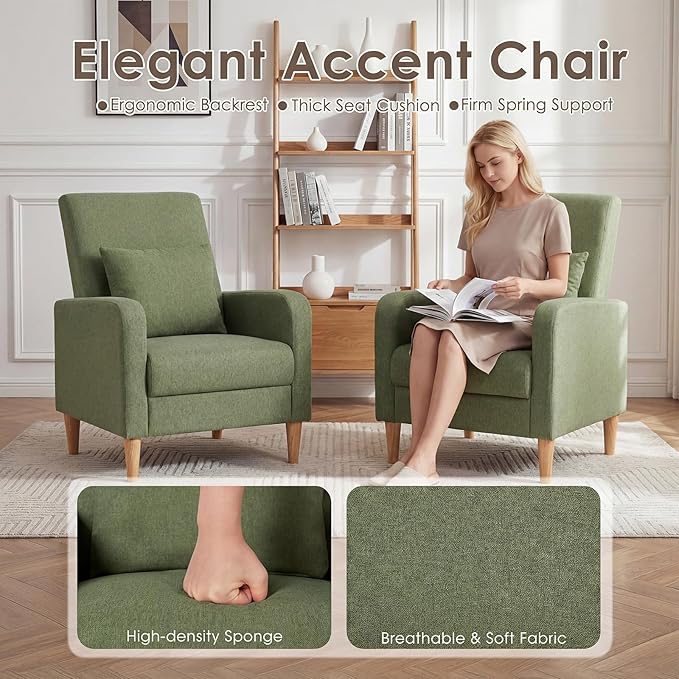 COLAMY Mid-Century Modern Upholstered Accent Chair with Back Pillow &amp Solid Wood Legs Fabric Cozy Armchair for Living Room Bedroom Reading Nook Apartment &amp Small Spaces Green