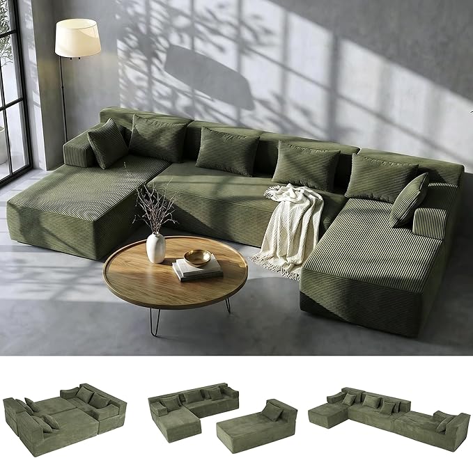 141 Modular Sectional Sofa 6-Seat U-Shaped Cloud Couch with 2 Removable Armrests &amp 6 Throw Pillows Boneless Couches for Living Room No Assembly Green | Convertible