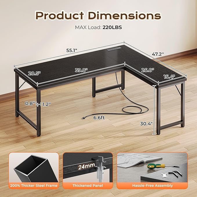 Huuger 55 Inch L Shaped Desk with Power Outlets and USB-C Port Reversible Computer Desk Larger Office Corner Gaming Desk 0.95 Inch Thicker Desktop Metal Frame for Home Office Study Black