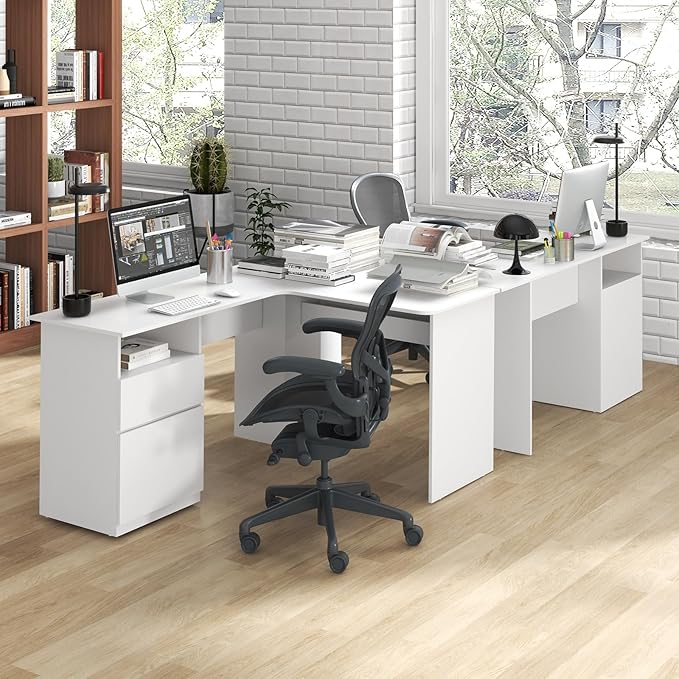 GOFLAME L-Shaped Desk 59 Corner Computer Desk with File Drawer &amp Open Shelf Large Workstation w/ 2 Cable Management Holes Writing Study Desk for Home Office White