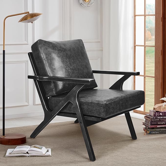 Mid-Century Modern Accent Chairs PU Leather Fabric Thicker Upholstered Armchair 1PCS for Bedroom Living Room-Black