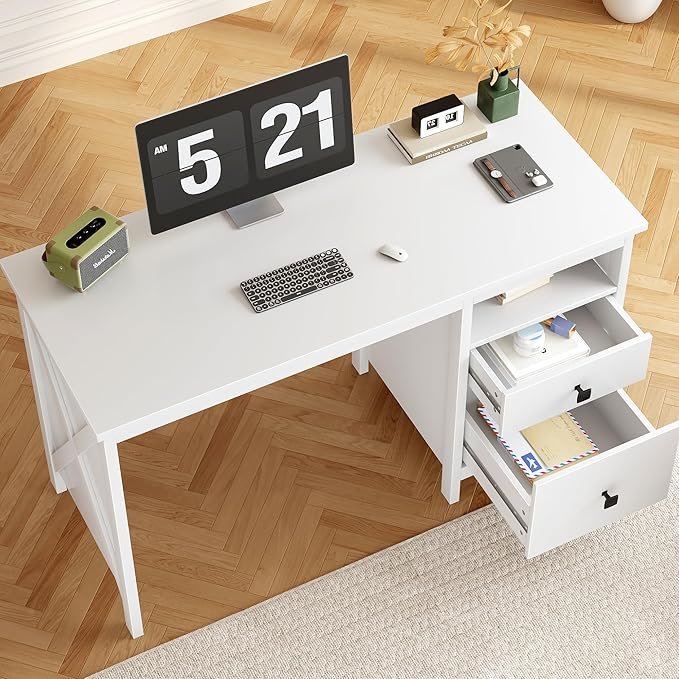 BHG Farmhouse 47 Executive DeskModern White Computer Desk with Storage Drawers for Home Office Makeup Vanity Desk Dressing Table for BedroomFiling Cabinet Writing Table PC Desks for Study