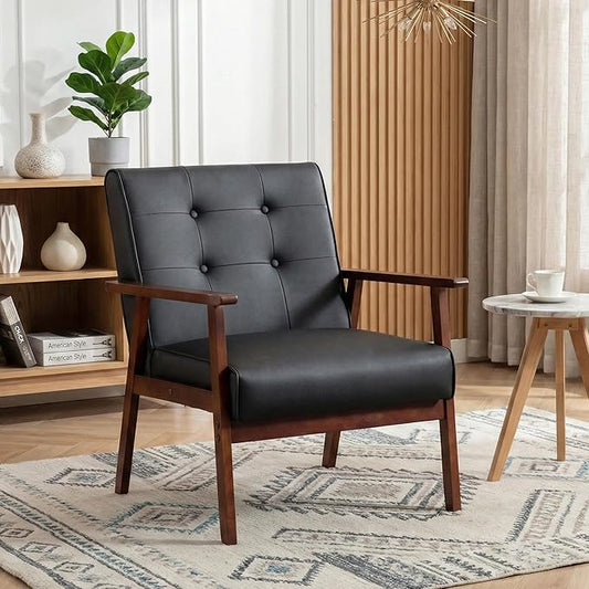 JIASTING Mid-Century Retro Modern Accent Chair Wooden Arm Upholstered Tufted Back Lounge Chairs Seat Size 24.4 18.3 (Deep) (Square Leg Black)