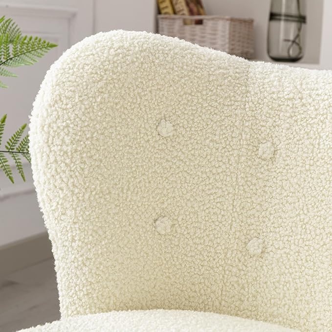 Modern Accent Chair Lambskin Wingback Tufted Side Chair with Solid Wood Legs for Living Room BedroomCream
