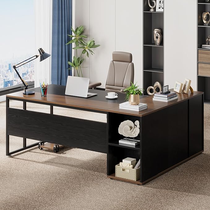 Tribesigns 71 inch Executive Desk L Shaped Desk with Cabinet Storage Executive Office Desk with Shelves Business Furniture Workstation for Home Office Black and Brown