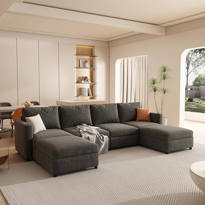 123 Large Modular Sectional SofaModern U-Shaped Sectional couch with Storage6-Seater Deep Seat Chenille Fabric Sofa for Living Room L-Shape Convertible with Movable Ottoman &amp Cup Holders (Grey
