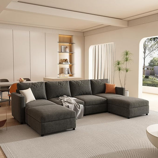 123 Large Modular Sectional SofaModern U-Shaped Sectional couch with Storage6-Seater Deep Seat Chenille Fabric Sofa for Living Room L-Shape Convertible with Movable Ottoman &amp Cup Holders (Grey