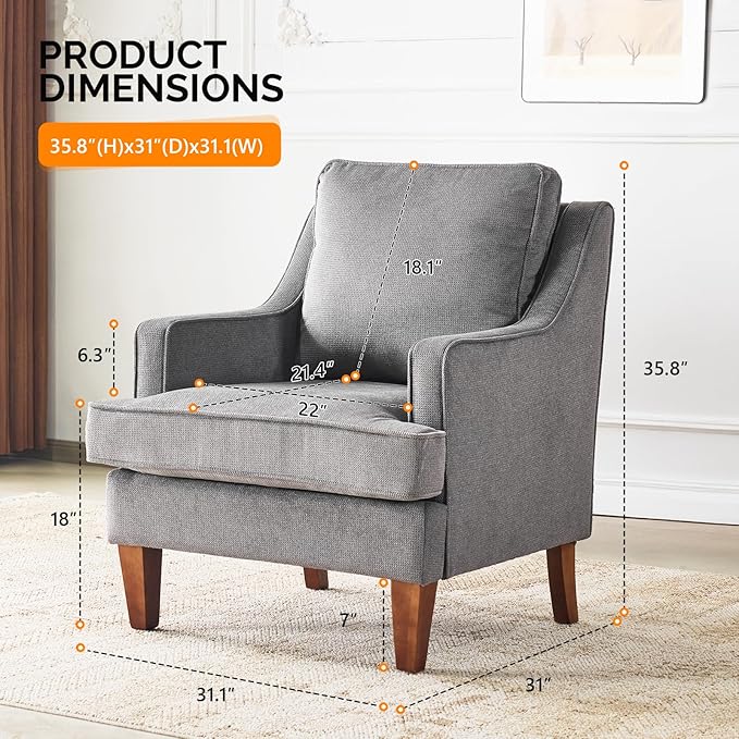 VINGLI Mid-Century Modern Accent Chairs Set of 2 Light Grey Upholstered Armchair Comfy Sofa Chairs Reading Chair High Back for Living Room Bedroom Furniture Apartment