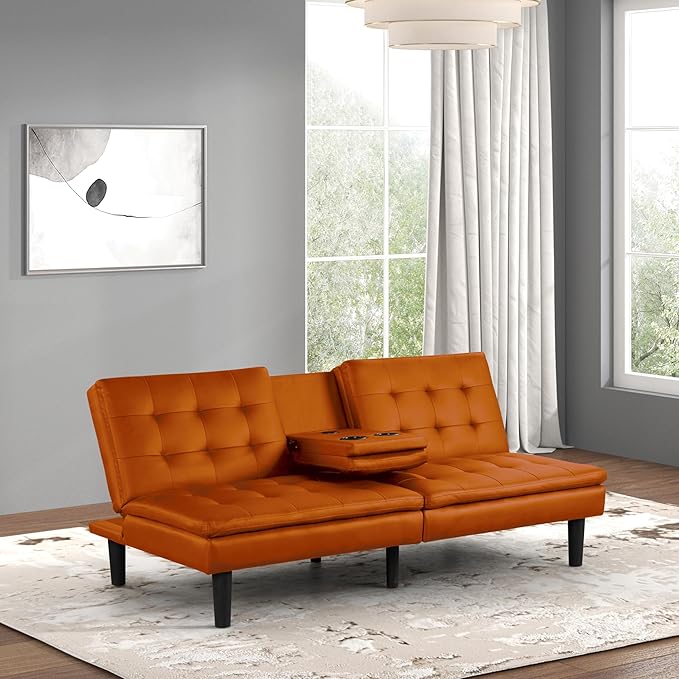 Furniture of America Fallein Modern Contemporary Wood 71.5-inch Futon Sofa Bed with Drop-Down Table Cup Holders USB-A Charger Biscuit Tufting for Bedroom Guest Room Orange