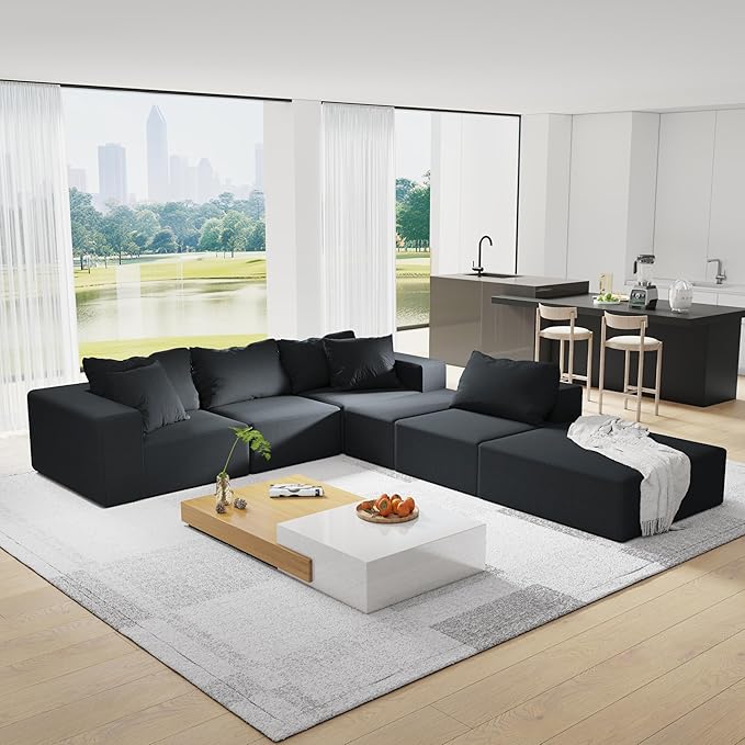 KEIKI Sectional Sofa Couch Set Modular 132 L Shaped Couch Set with 6 Pillows Free Combination Upholstered Sofa Couch for Living Room Bedroom Black