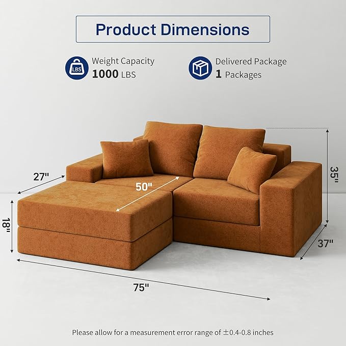 Cloud Modular Sectional Sofa Comfy Boneless Couch for Living Room Modern L-Shaped Couch with Reversible Chaise Customizable Sleeper Sofa with Non Slip No Assembly &amp Deep Seat Orange