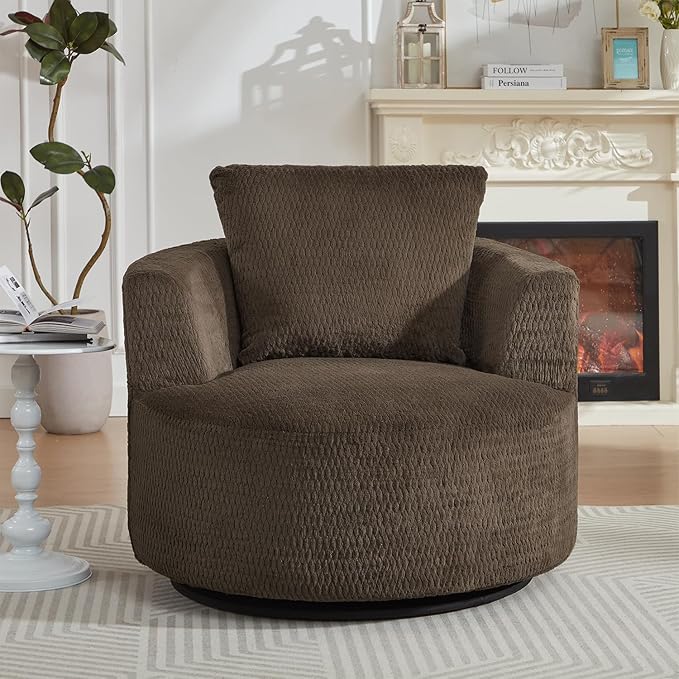 35W Brown Chenille Swivel Accent Barrel Chair Comfy Round Accent Sofa Chair 360 Rotation Degree Club Chair Leisure Arm Chair for Nursery Bedroom Living Room Hotel Office (35 Dark Brown)