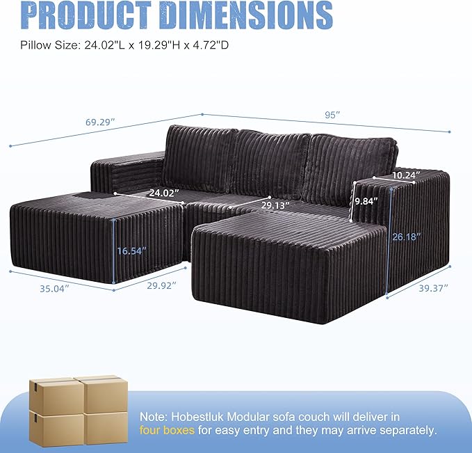 Hobestluk Modular Sectional Sofa Memory Foam Couch Oversized Sectional Sofa 3-Seater with Chaises Cloud Couch with Removable Cover U Shaped Sofa for Living Room (Strip Grey U Shape)