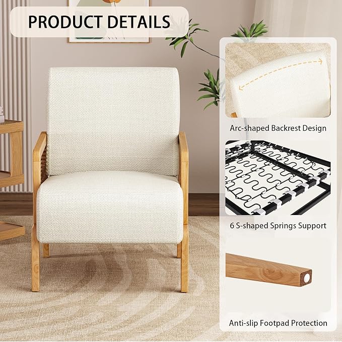 Modern Accent Chair with Rattan Armrest Linen Fabric Arm Chair with Ash Wood Legs White Accent Chair for Living Room Bedroom Balcony