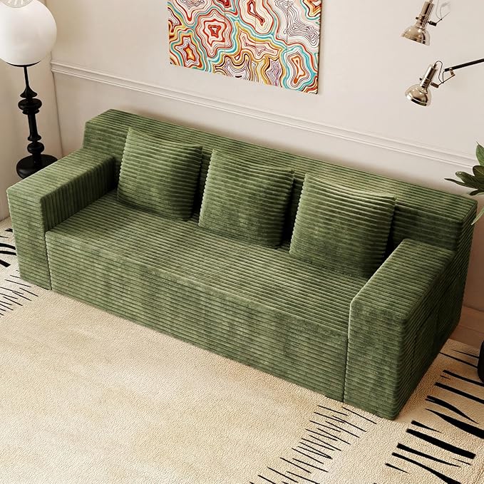 71Cloud Loveseat SofaModern 2-Seater Boneless Couch with 3 Pillows &amp Side PocketSoft Corduroy Love seatCompressed FoamDeep SeatNo Assembly for Living RoomBedroomApartment(Flat HandrailGre