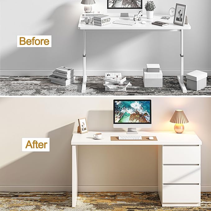 furtble White Desk with Drawers 53'' W Home Office Computer Desk Gaming Table Modern Vanity Desk with Storage Wood Writing Workstation for Bedroom Living Room