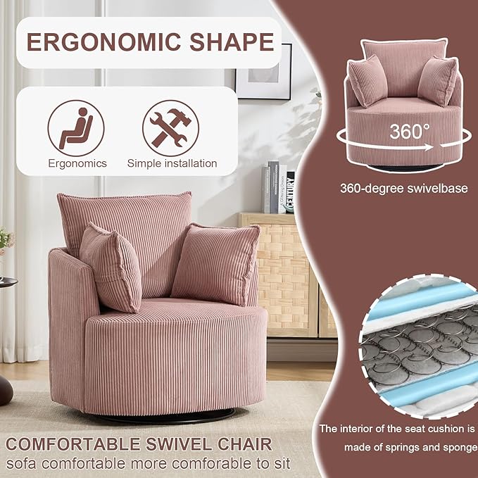 Pink Accent ChairPink Swivel ChairSwivel Barrel ChairUpholstered Living Room Chair Corduroy Reading Chair Single Sofa Chair for Bedroom Apartment Office (Corduroy)