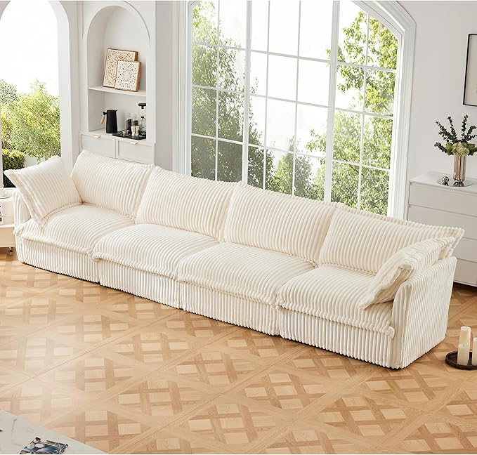 Aoowow Oversized Modular Sectional Sofa 156.6” Corduroy Comfy 4-Seat Sofa Couch Upholstered Deep Seat Couches with Big Toss Pillows for Living Room Apartment OfficeCream-Corduroy