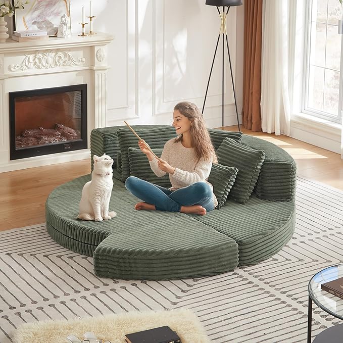 Curved Convertible Futon Sleeper Sofa Bed 78.5 Boneless Couch with Pull-Out Bed Corduroy Semi-Circular Foldable Floor Mattress for Living Room No Assembly Required Right Curved Green