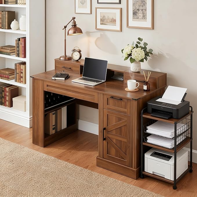 55 Farmhouse Home Office Executive Computer Desk with Drawers Charging Station and Monitor Stand Large Ergonomic Writing Gaming Desk Table with Kyboard Peg Board Storgae Cabinet(Walnut)