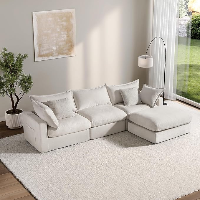 118.5 Modular Sectional Sofa Down Filled Cloud Couch with Storage Ottoman Oversized L Shaped Couch with 2 Pillows 4 Seats Sectional Couches for Living Room Apartment Beige