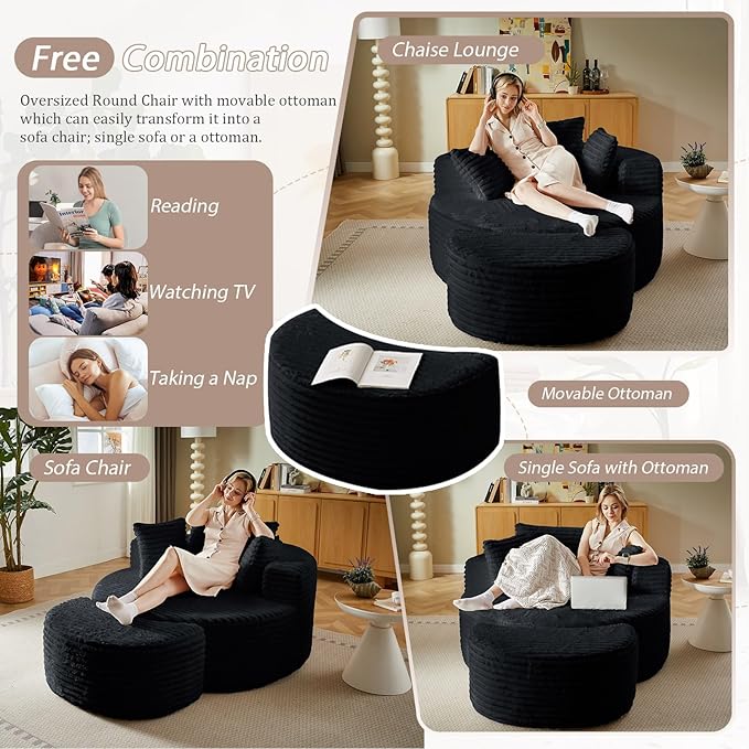 74.6 Oversized Round Chaise Lounge Chair with Ottoman Indoor Fluffy Upholstered Corduroy Deep Seat Large Boneless Circle Couch Sofa Chairs for Living Room Bedroom No Assembly Required Black