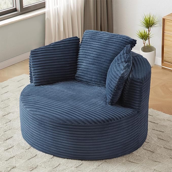 Oversized Round Chair 48W Corduroy Comfy Circle Armchair with Deep Seat &amp 3 Pillows Upholstered Floor Boneless Chair Fluffy Modern Cozy Sofa Chairs for Living Room Bedroom Apartment(Blue)