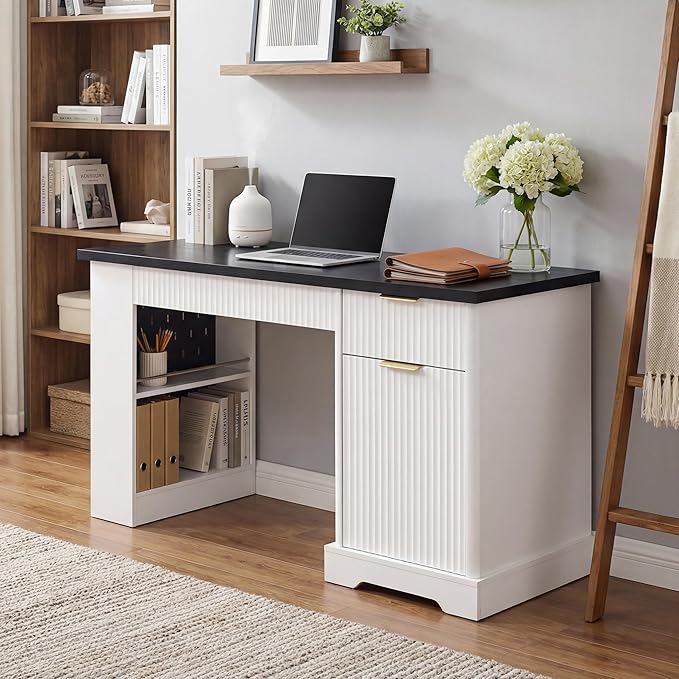 55 Executive Desk with Fluted Drawers Wood Home Office Desk with Storage Cabinet Charging StationFluted Computer Writing Desk with Adjustable Shelves for Study RoomLiving Room (White)