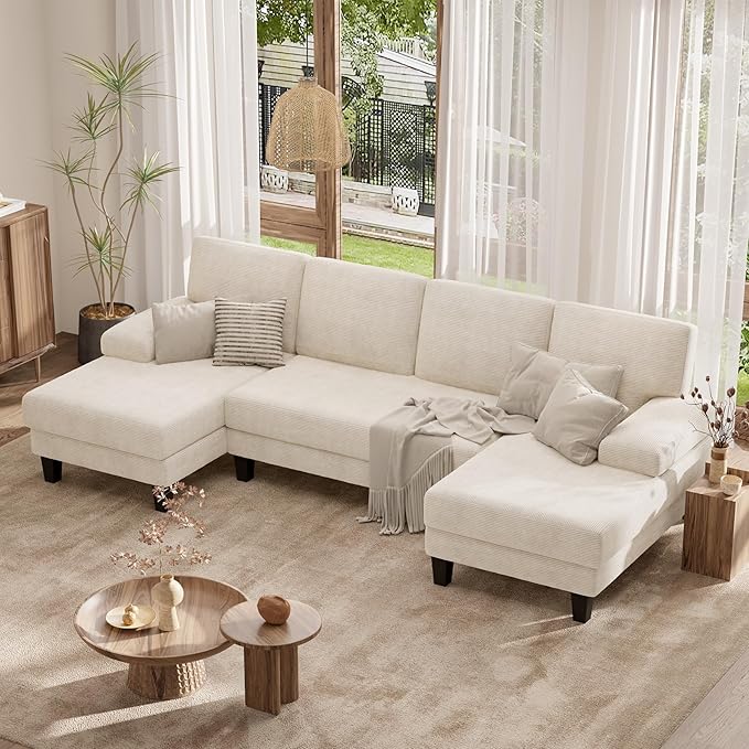 110 U-Shaped Sectional Sofa Couch for Living RoomModern Modular Sofa with Double ChaiseClassic Lounge Couch Sleeper for Apartment Beige Corduroy