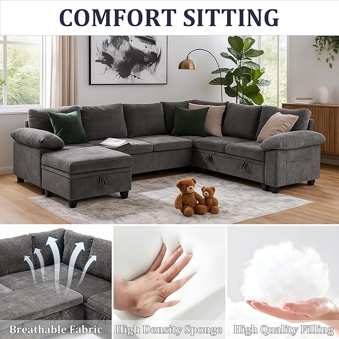 108 Inch Sectional Sleeper L Shaped Sofa with Pull Out Bed 7 Seat Modular Sectional Sofa with Storage Modern Chenille Cloud Couch Sectional Couches for Living Room Gray