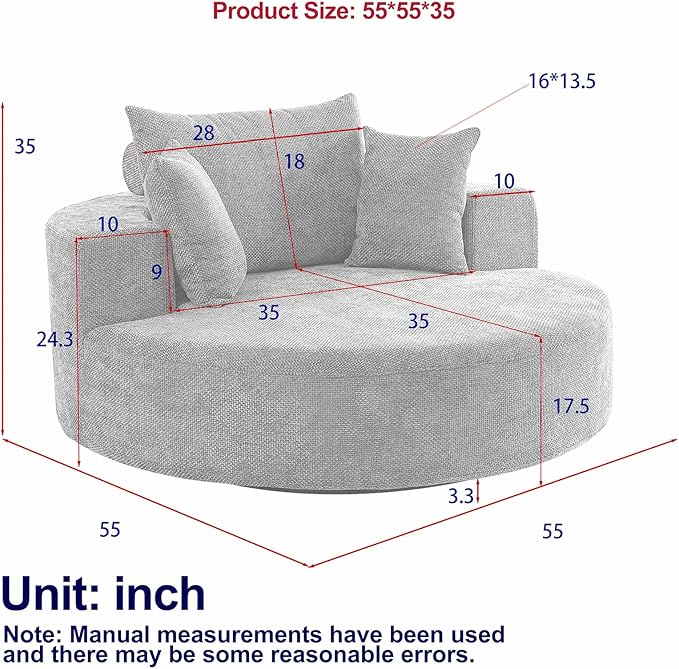 55 inch 360° Swivel Accent Chair Chaise Lounge Chair Indoor Oversized Round Swivel Accent Chair Modern Chenille Single Sofa Chair Deep Seat Chair for Living Room Bedroom Apartment Black