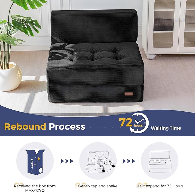 MAXYOYO 8 Folding Sofa Bed Convertible Sleeper Sofa Lounger Foldable Mattress Wedge Shape Floor Couch Tufted Fold Out Chair Bed Comfy Floor Couch Lounge for Living Room Bedroom Single Black