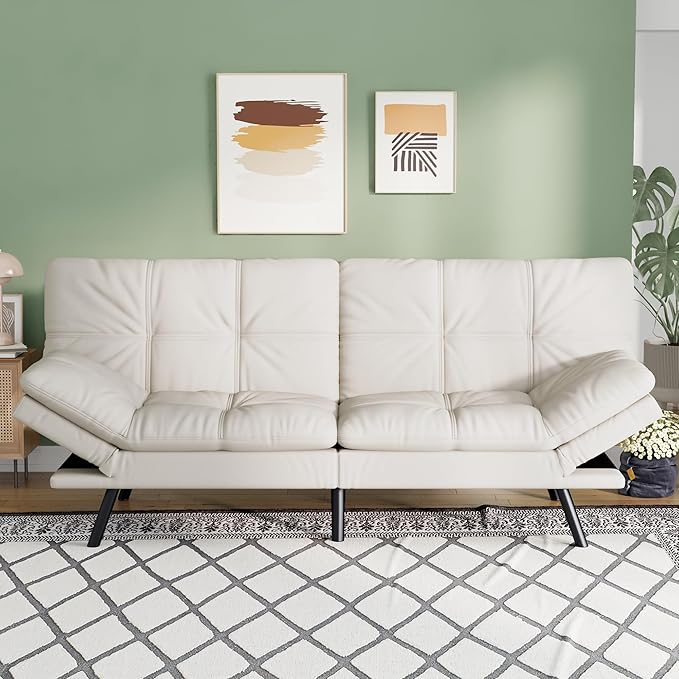 Opoiar 71 L Covertible Futon Sofa BedFaux Leather Futon Couch Memory Foam Modern Loveseat Sleeper Small Splitback Sofa Couches for Living RoomRVHome OfficeApartmentWhite