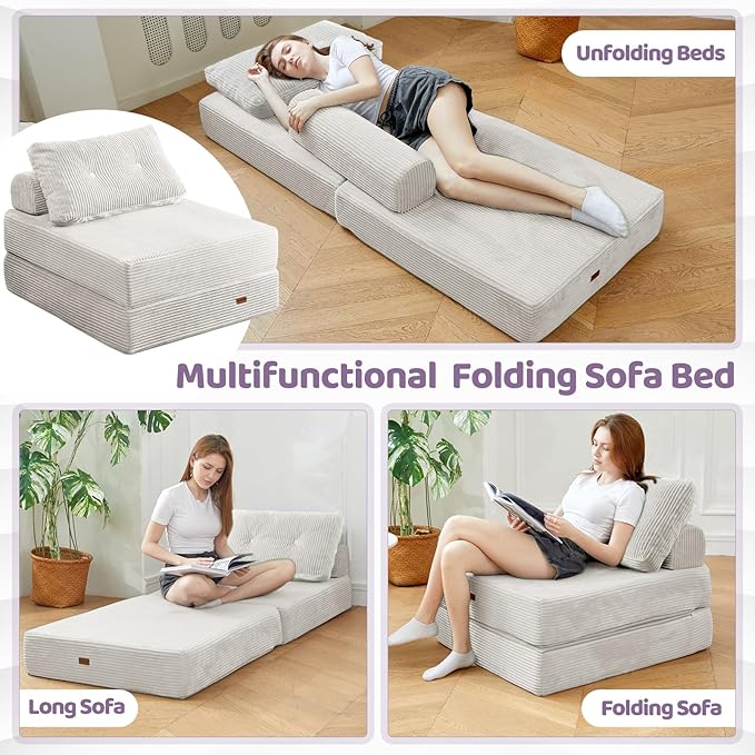Folding ChairSleep Chair with High-Density Support FoamPortable 3 in 1 Fold Out Chair with Back Support and Pillow for Bedroom、Balcony、Hotel、ApartmentSingleSilver Gray