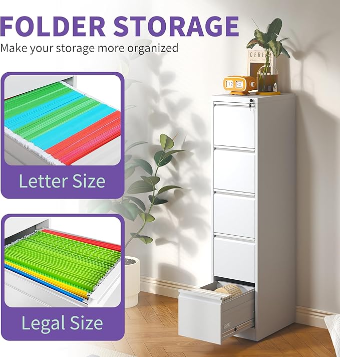 5 Drawer Small Metal Vertical File Cabinet with Lock Under Desk Locking Drawers Storage Cabinets Organizer for HomeOffice Filing Cabinets for A4 Legal/Letter SizeWhite