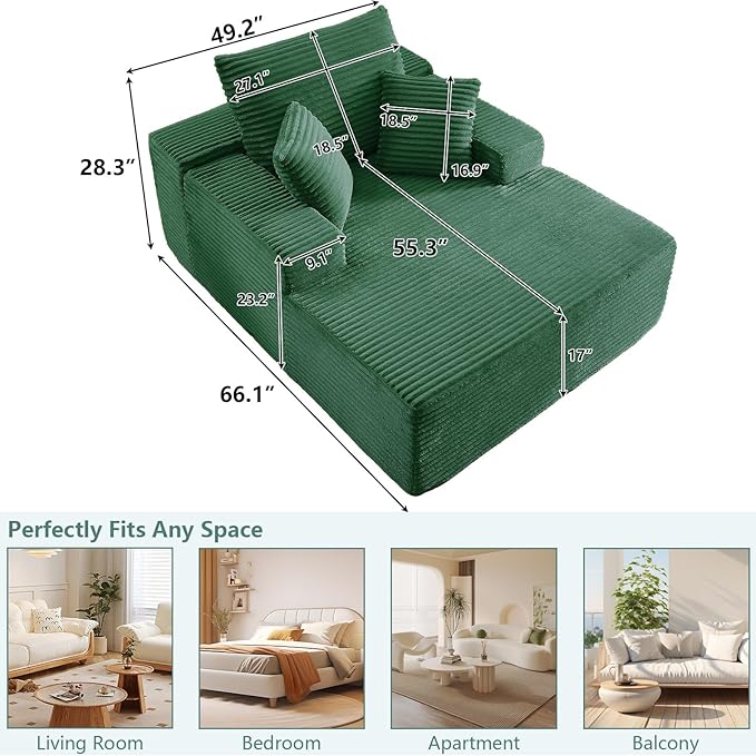 50 Oversized Chaise Lounge Chair IndoorCorduroy Boneless Reading Chair with 3 PillowsDeep Seat Cloud Sofa BedComfy Modern Sleeper Chairs in Box for Living Room BedroomNo Assembly(Green)
