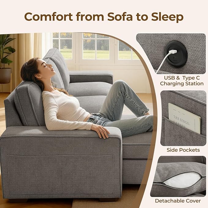 99 Sectional Sleeper Sofa Couch Chenille Convertible Chaise 3 Seats L-Shaped Sofa with 110L Storage Deep SeatWide ArmrestUSB Type-C ChargingRemovable Covers for Living Room Light Grey